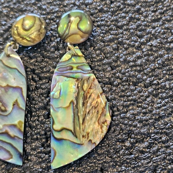 Vintage Abalone Shell Iridescent Dangle Drop Earrings Mother Of Pearl 2" Summer - Picture 5 of 12